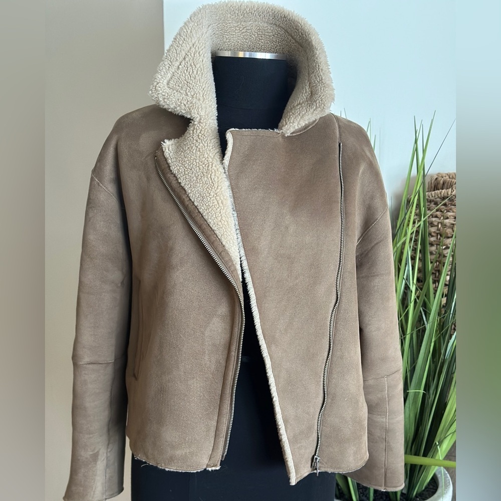 Zara Suede-like Bomber Jacket with Sherpa Lining